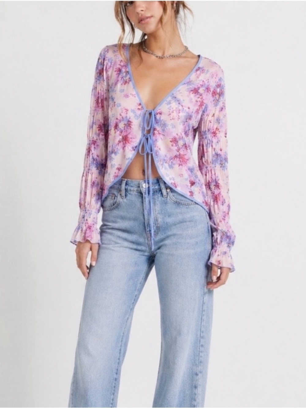 Free People Lavender Floral Tie-Front V-Neck Blouse